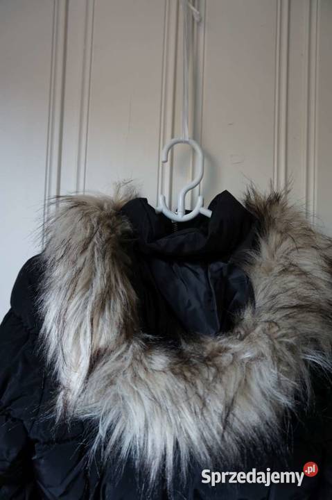 Czarna watowana kurtka hm xxs 32 kaptur futerko