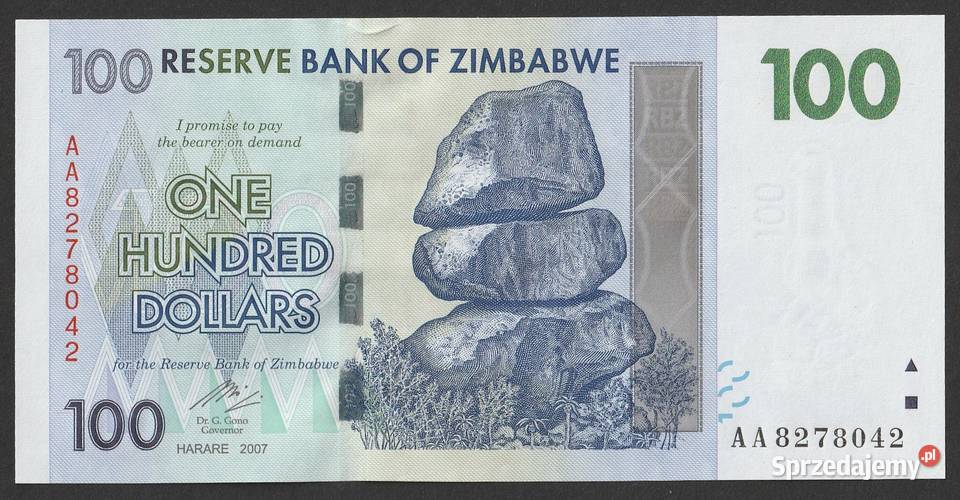 ZIMBABWE 100 DOLARÓW 2007 AA STAN UNC łódzkie Łódź