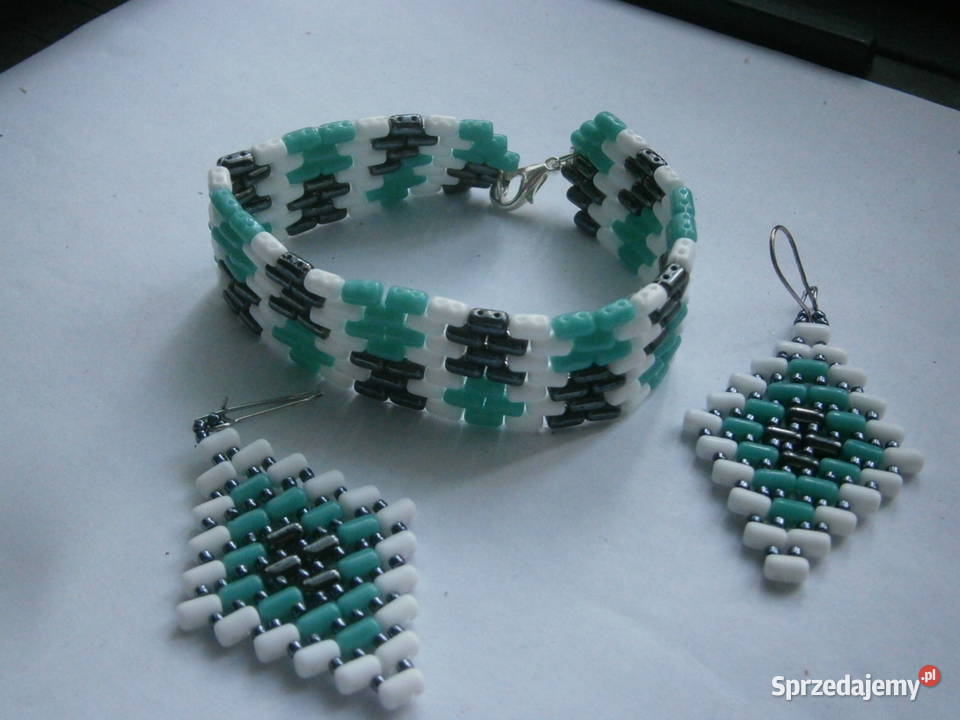 Kolczyki bransoletka mięta biel czerń beading Częstochowa