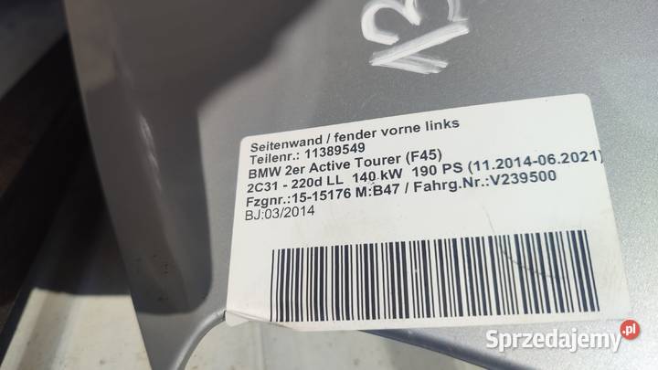 BMW 2 II F45 F46 BŁOTNIK PRZEDNI LEWY SREBNY Włoszczowa