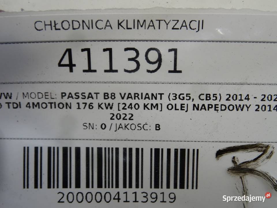 CHŁODNICA KLIMATYZACJI VW PASSAT B8 20 240
