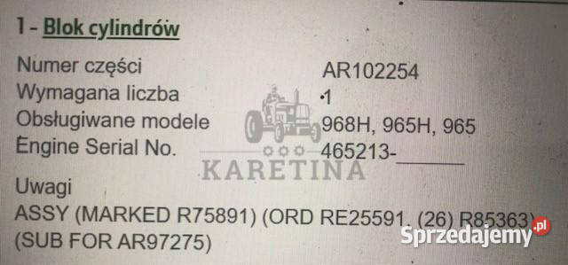 John Deere 6359D R80725 RE25591 Blok Cylindrów Jastrzębniki
