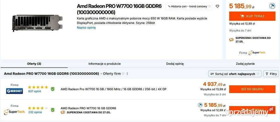 Karta graficzna AMD Radeon Pro W7700 16GB 256BIT sprzedam