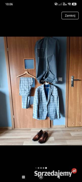 Garnitur szary Wiliński buty skórzane lakierki Szczerców