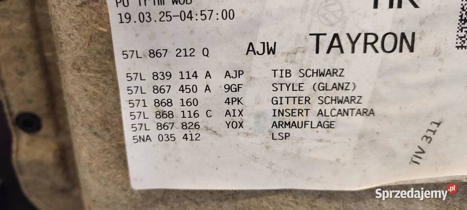 VW TAYRON BOCZEK DRZWI PRAWY TYŁ 57L867212Q osobowe
