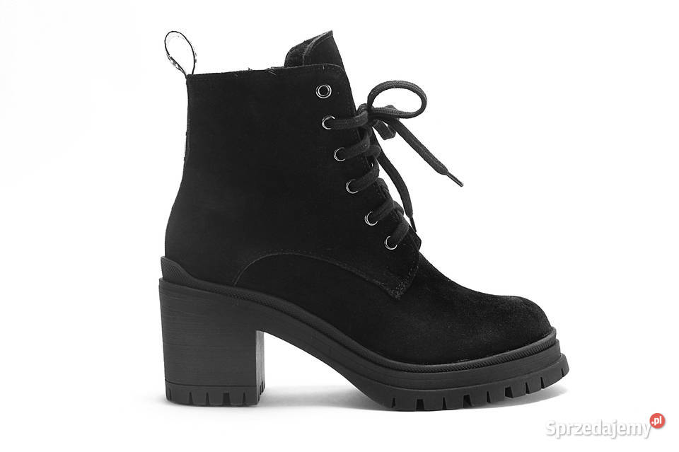 Sznurowane traperki botki na obcasie Czarny 36 czarny