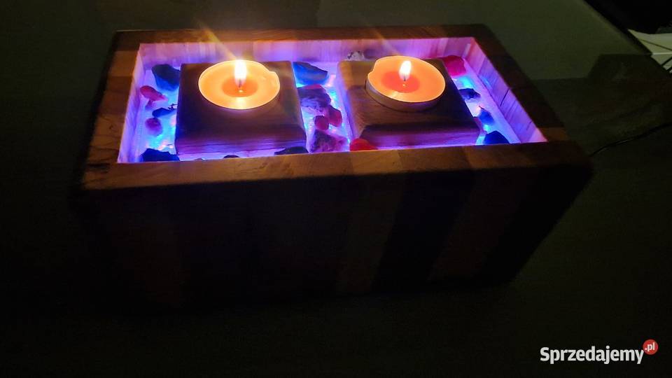 Świecznik LED dąb buk świerk z żywicą i Sępopol