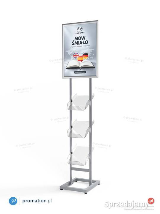 Srebrny stojak metalowy na foldery A4 i plakat Warszawa sprzedam