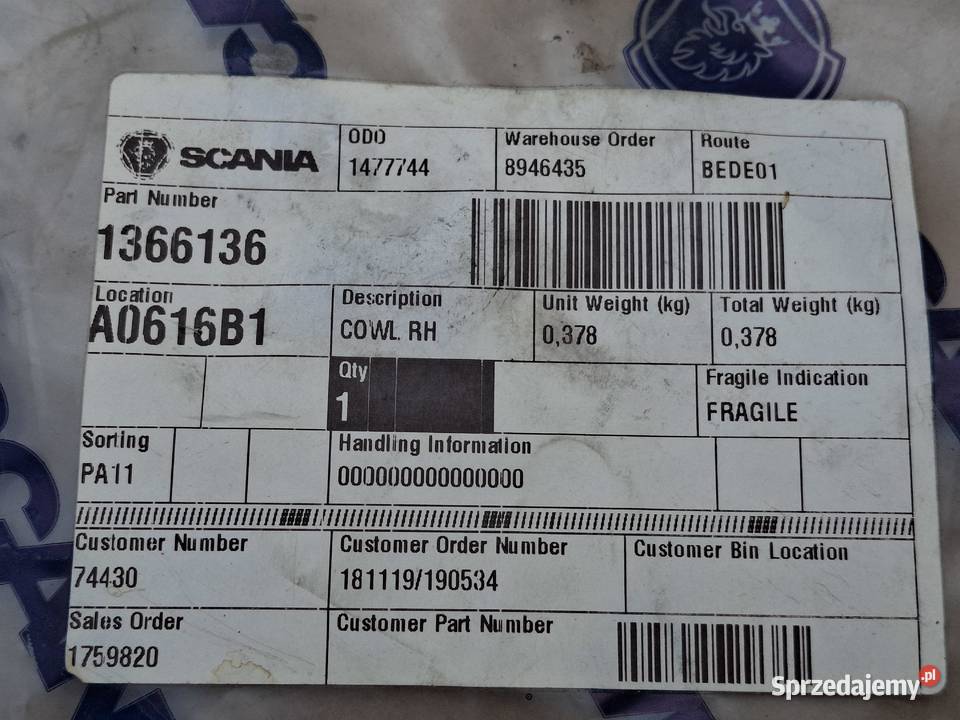 SCANIA OBUDOWA OSŁONA LUSTERKA PRAWA NOWY ciężarowe Bieleń