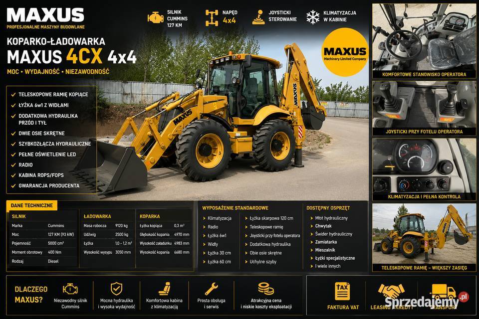 NOWA KOPARKOŁADOWARKA MAXUS 4CX 4x4 CUMMINS 127 Ramię wyburzeniowe Aleksandrów Łódzki