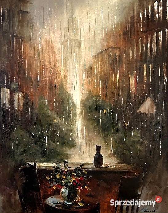 Kowalik Uliczka w deszczu 40x50 obraz olejny Warszawa