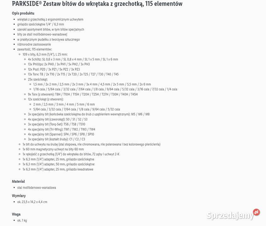 Zestaw bitów grzechotka 115 elementów PARKSIDE lubelskie