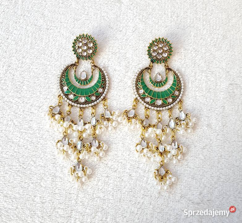 Długie kolczyki zielony złoty kolor indyjskie Szczecin