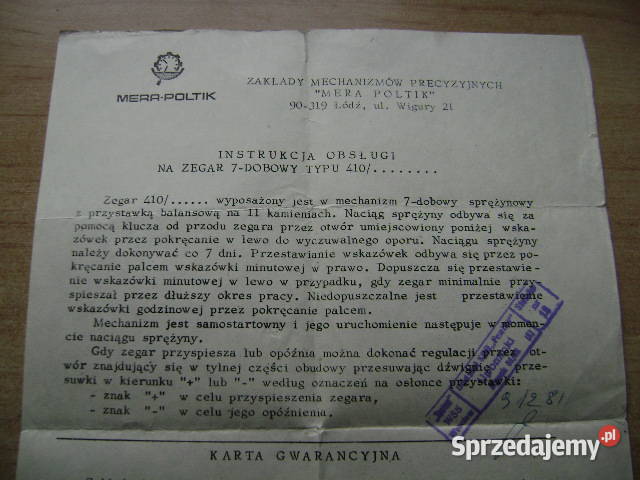 Starocie z PRL Stare dokumenty Budzik Instrukcja Gdynia