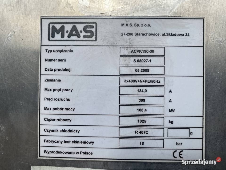 Agregat wody lodowej chiller MAS ACPK190 o Wałsnów