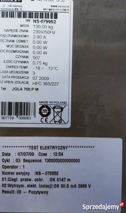 Szafa mroźnicza 700 l IGLOO używana łódzkie sprzedam