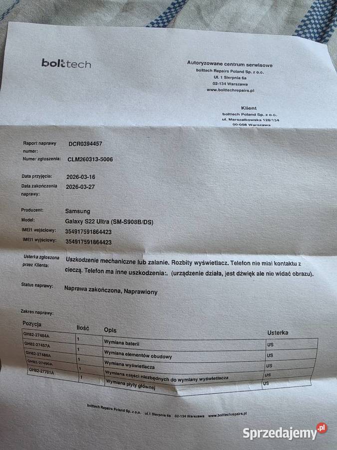 Samsung s22 Ultra nowy Biały Dunajec