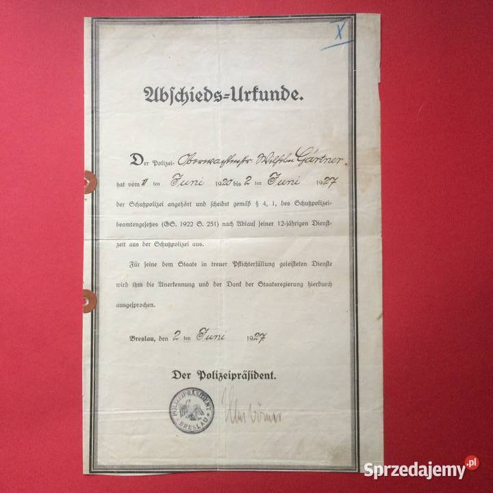1241 Dokument Niemiecki z Policji Wrocław sprzedam