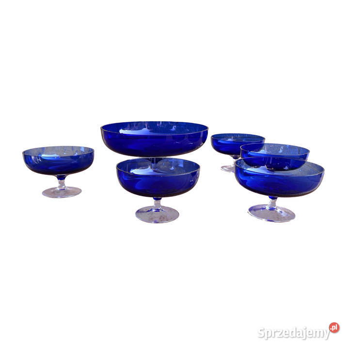 Zestaw deserowy z kobaltowego szkła 5 pucharków Warszawa