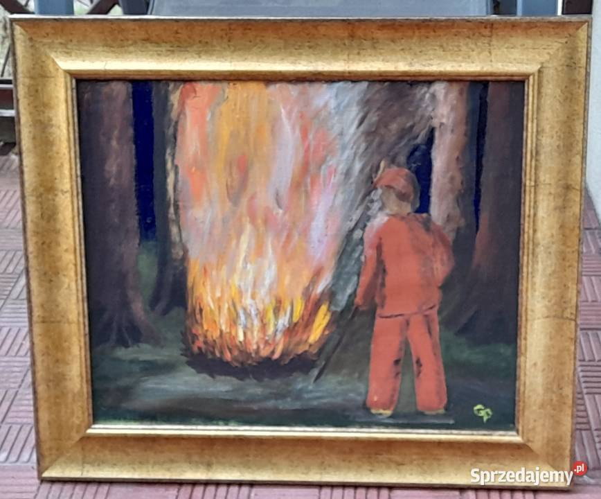 ognisku obraz olejny płótno złota rama Iłża
