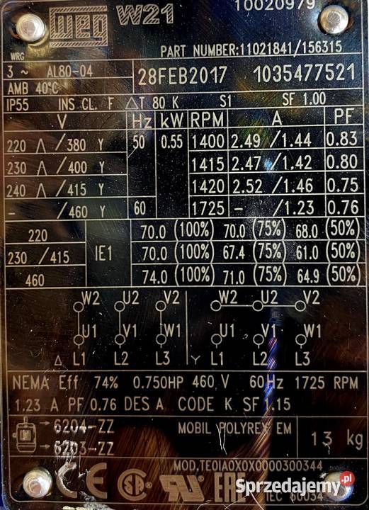 silnik elektryczny 055kW 1415obr 3fazowy WEG Pigża sprzedam