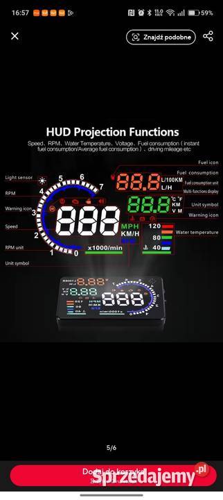 HUD A8 55 OBD2 projektor na szybę LED prędkość łódzkie Łódź sprzedam