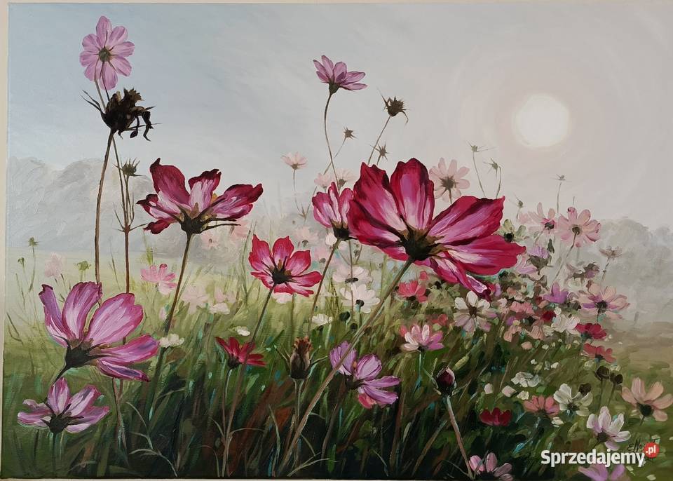 Obraz olejny kwiaty wschód słońca łąka Łęki Strzyżowskie