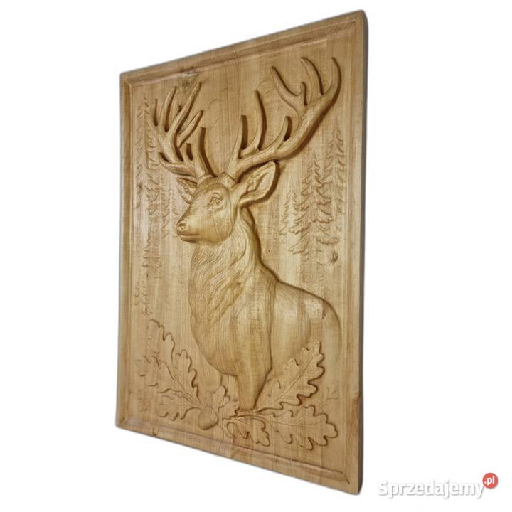 Drewniana płaskorzeźba Jeleń dekoracja ścienna z zachodniopomorskie Malechowo