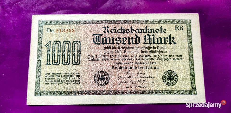Banknot Niemcy 1000 Mark 1922 Rzadkość Ładny Numizmatyka