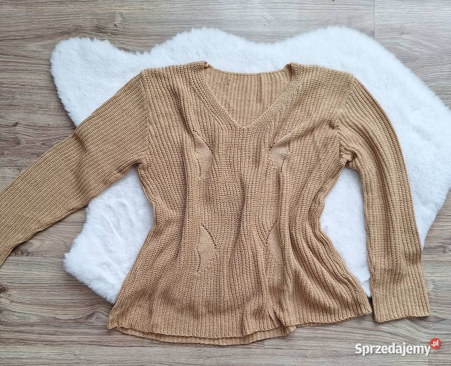 Piękny musztardowy ażurowy sweterek z dekoltem V Kraków