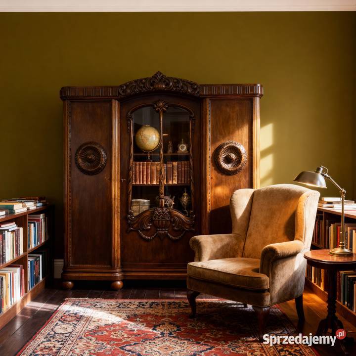 BIBLIOTECZKA drewniana Antyk zdobiona WITRYNA 48cm Kalisz