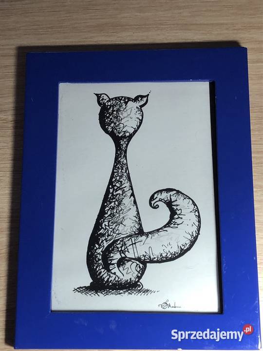 Autorska grafika tuszem Siedzący kot