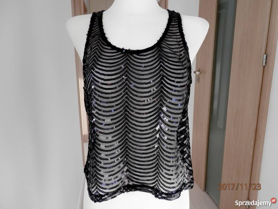 Bluzka Top Czarny Cekiny Siateczka Cekinowa Łomża