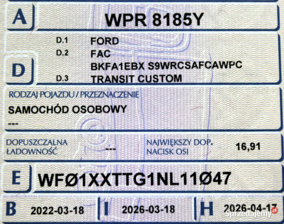 Ford Transit Custom 9osob L2 130 Salon FV23 1WŁ diesel Sokołów