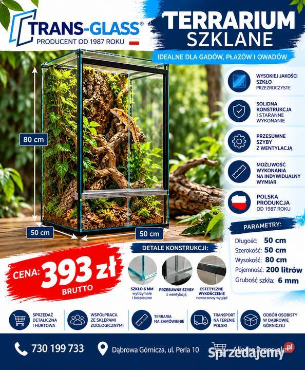 Terrarium szklane 50x50x80 szkło 6 mm producent śląskie Dąbrowa Górnicza