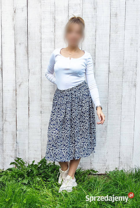 Spódnica midi łączka kwiatki kwiaty białe granat biały