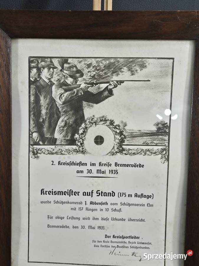Antyczny dyplom mistrza w strzelaniu z grafiką Poddębice