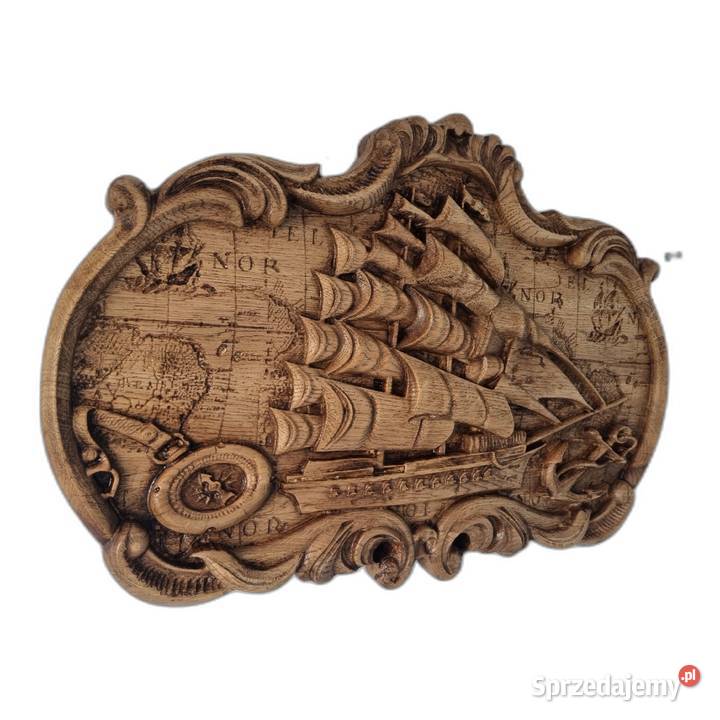 Rzeźbiony obraz z drewna Żaglowiec Mapa Świata