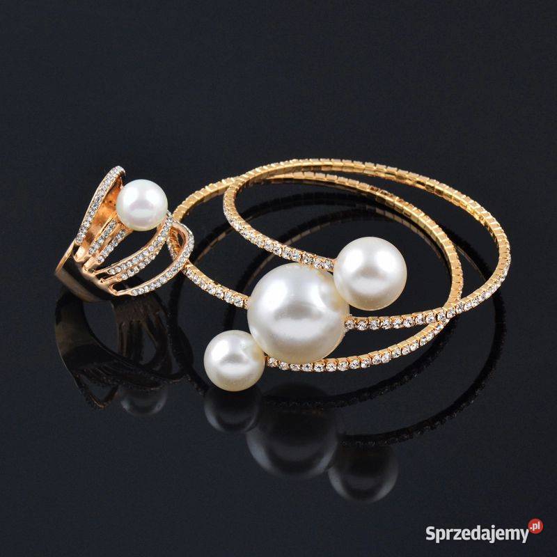 Komplet biżuterii duże perły cyrkonie ślub złoty Kołobrzeg