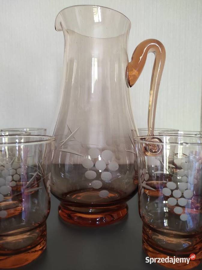 Dzbanek szklanki szkło łososiowe huta Hortensja podlaskie Białystok