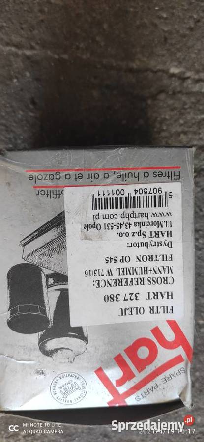 FILTR OLEJU 327 380 HART FIAT LANCIA ALFA osobowe Koronowo