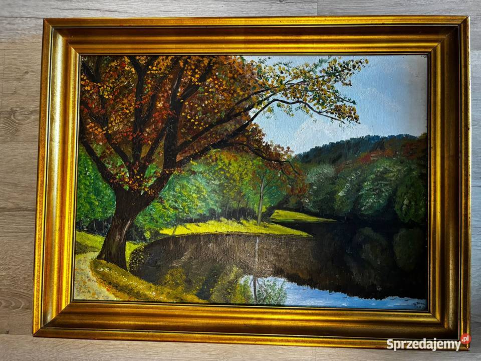 Piękny obraz w złotej ramie jesień rama złota Siedlisko