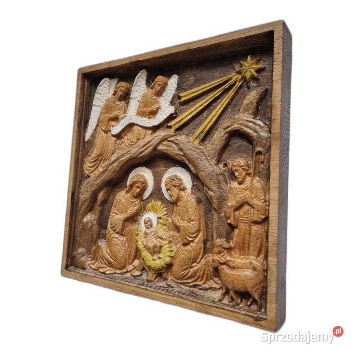 Ręcznie malowana płaskorzeźba Szopka Malechowo