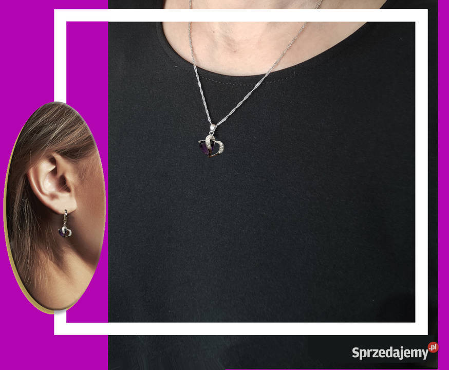 Komplet biżuterii pr925 Fioletowe Serce NOWY sprzedam