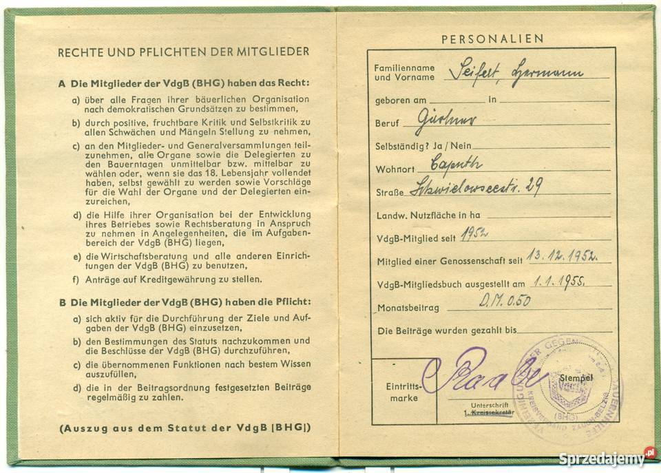 Mitgliedsbuch VdgB Historische Papiere und wielkopolskie Ostrów Wielkopolski