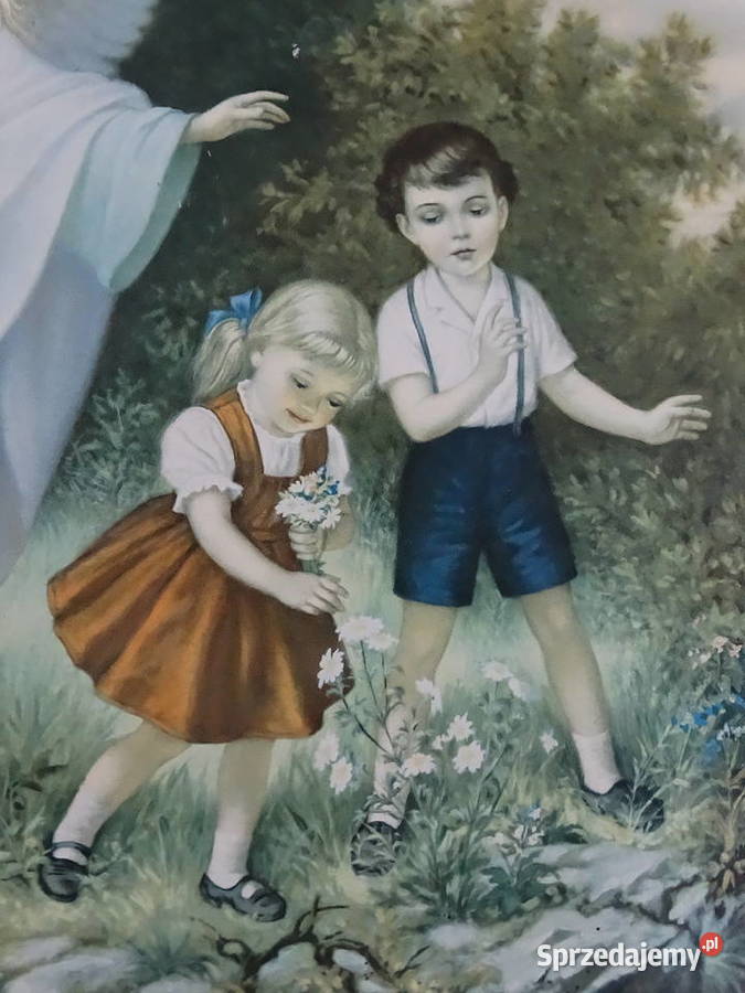 Stary obraz Anioł Stróż z dziećmi Retro oleodruk Biłgoraj