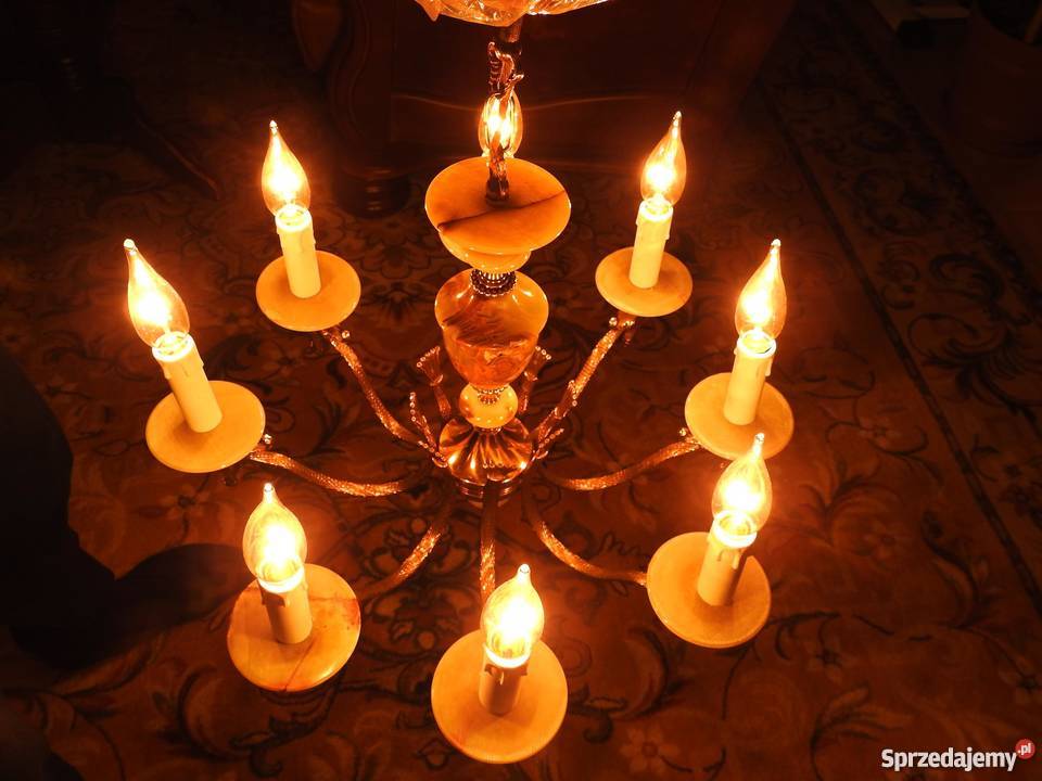 Żyrandol mosiężny XX wiek onyks 8 źródeł światła wielokolorowy