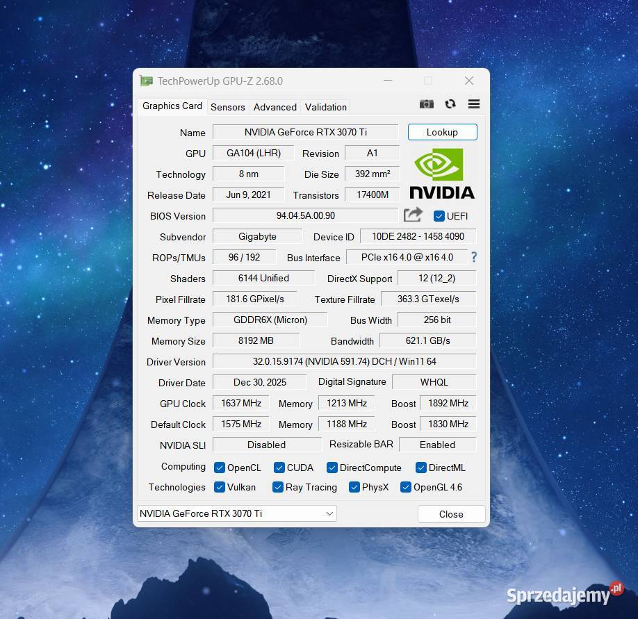 Gigabyte GeForce RTX 3070 Ti VISION OC 8GB Gigabyte podkarpackie Dębica sprzedam