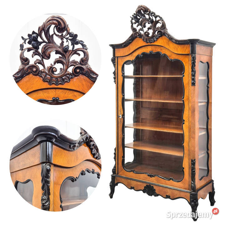 WITRYNA orzechowa na nóżkach ZDOBIONA Serwantka 58cm Kredensy i witryny wielkopolskie