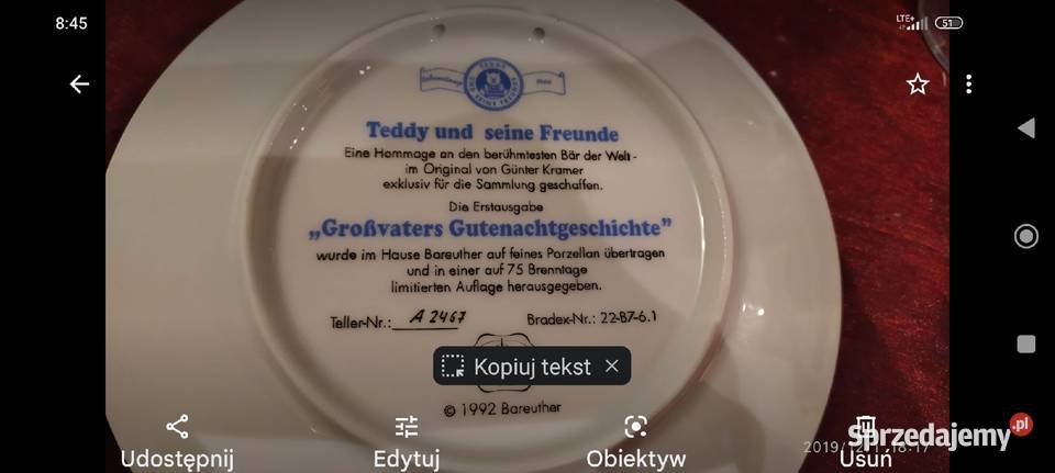 Talerz kolekcjonerski Miś Teddy porcelana Wrocław